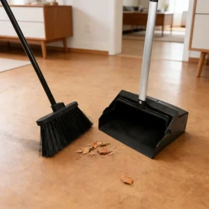 Long Handle Broom and Dustpan Set with Stiff Bristles for Garage, Patio, and Kitchen Cleaning