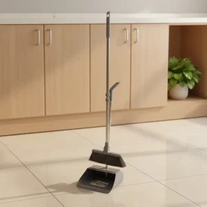 Long-Handle Plastic Broom and Dustpan Set with Stainless Steel Stick and PP Broom Head for Indoor and Outdoor Use
