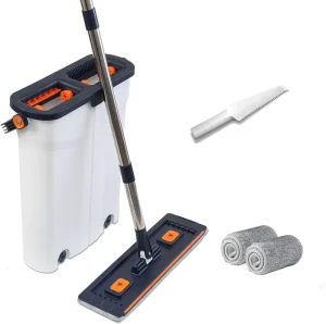 Long Handle Replaceable 2 Mophead Ultra-Fine Fiber Flat Mop with Bucket