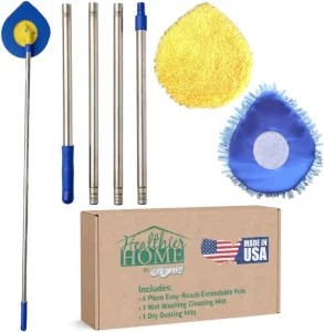 Long Retractable Dusting Mop with Plastic & Metal Handle for Walls Ceilings Baseboards Wet Washable Microfiber Pads