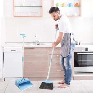 Long Steel and Aluminum Handle Collapsible Broom and Dustpan Set, PP Bristle Plastic Head