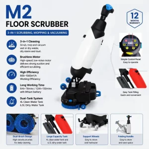 M2 3 in 1 Cordless Floor Scrubber Machine 1000m²/h High Efficiency Walk Behind Floor Scrubber for Factory Hote