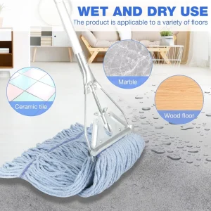 Manual Commercial Cotton Mop Handle with Industrial Strength Wet Mops for Home Floor Cleaning