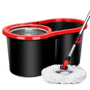 Microfiber 360-Degree Spinning Steel Mop and Cleaning Bucket Set with 2 Mopheads