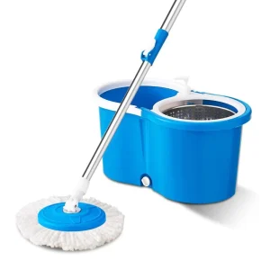 1-Piece Blue Rotating Quick-Wring Mop and Bucket Set with Microfiber Mop Head