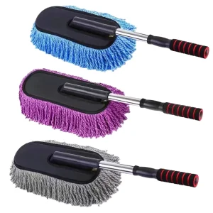 Microfiber Car Wash Cleaning Kit with Long Retractable Plastic Handle Dust Duster Wax Mop Squeegee and Brush