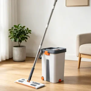 Microfiber Cleaning Set with Stainless Steel Telescopic Handle, Self-Wringer, Plastic Basket and Flat Mop