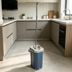 Microfiber Flat Floor Mop Bucket Telescopic Steel Pole Plastic Basket Wringer Set Hands Free Eco friendly Home Cleaning System