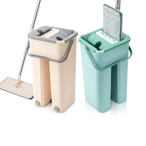 Microfiber Flat Mop Bucket Set with Plastic Squeeze Mop for Wet and Dry Floor Cleaning