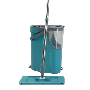 Microfiber Flat Mop Bucket Set with Steel Pole and Plastic Basket