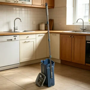 Microfiber Flat Mop Bucket with Telescopic Handle and Wringer Set Home Cleaning Grey & White Soft Scraper for All Floors