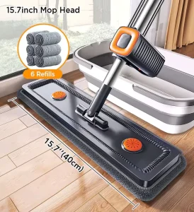Microfiber Flat Mop Cleaning System with Collapsible Wheeled Bucket, Steel Pole, and 6 Washable Mop Pads