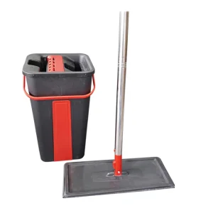 Microfiber Flat Mop Hands-Free Wringing Bucket Set with Stainless Steel Pole and 360-Degree Rotation