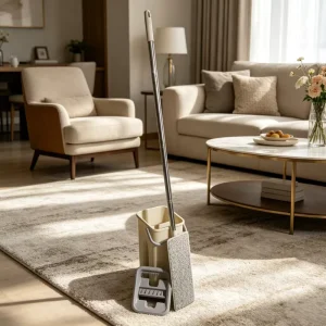 Microfiber Flat Mop and Bucket Set with Plastic Squeeze Wringer for Wet and Dry Floor Cleaning