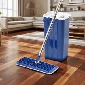 Microfiber Flat Mop and Bucket Set with Stainless Steel Self-Wringing System and Extendable Handle for Household Floor Cleaning
