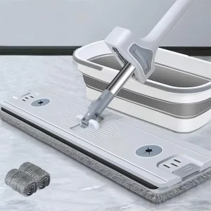 Microfiber Flat Mop and Foldable Bucket Set with Stainless Steel Handle, OEM Manufacturer