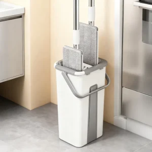 Microfiber Flat Mop with Hands-Free Squeeze Bucket, 360° Spin Cleaning, and Wood Floor Use