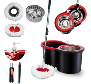 Microfiber Mop Bucket Set with 360-Degree Spin, Stainless Steel Head, Reusable Wet and Dry Function