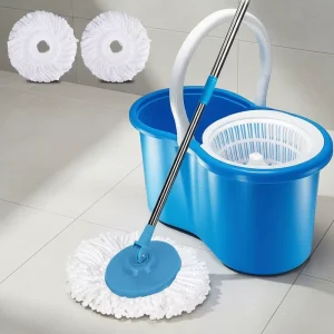 Microfiber Mop Head with Steel Pole Plastic Basket and 360 Spin Wring Function