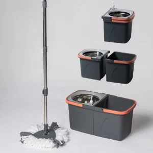 Microfiber Mop Set with Telescopic Stainless Steel Rod, Self-Wringing System, 3 Mopheads, and Bucket