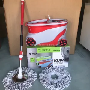 Microfiber Mop and Bucket Cleaning Set with 360 Spin Steel Pole and Extensible Handle Wheel Mounted Microfiber Mop Head Set