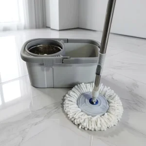 Microfiber Mop and Self-Wringing Cleaning Bucket with 360-Degree Rotating Steel Pole, Large Capacity, 2 Mop Pads