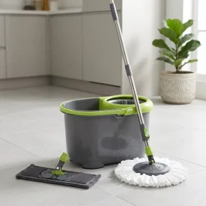 Microfiber Spin Mop Set with One Bucket and Two Mops, Flat and Round, Self-Wringing