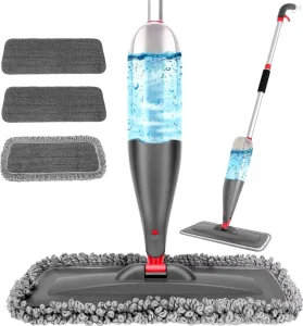 Microfiber Spray Mop with Aluminum Pole, Plastic Tray, and 2 Mop Heads