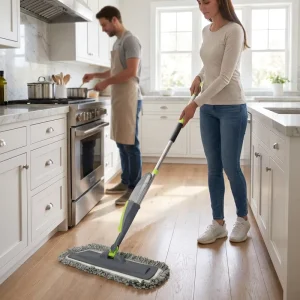Microfiber Spray Mop with Foldable Aluminum Pole, Four-Side Wringing, Flat Head for House Cleaning