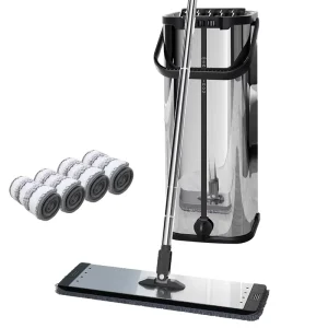Microfiber Squeeze Flat Mop and Bucket Set with Stainless Steel Pole and High-Capacity Plastic Basket