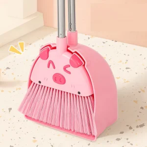 Mini Pink Pig Broom and Dustpan Set Soft PET Bristles Retractable Aluminum Rod for Children