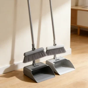 Modern Adjustable Standing Broom and Dustpan Set Long Handle Cleaning Combo with Built in Teeth