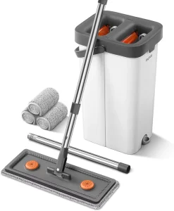 Mop Bucket with Telescopic Handle Self-Wringer and 3 Washable Microfiber Pads Wet Dry Mop Set
