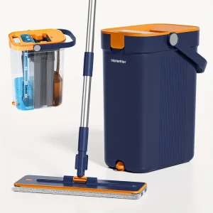 Mop and Bucket Set with Aluminum Handle, Wringer, and Two Washable Microfiber Pads