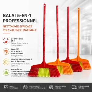 Multicolor Five-Bristle Lightweight Plastic Broom with Wooden Handle for Household and School Cleaning