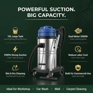 New Electric 70L Commercial Industrial Wet & Dry Vacuum Cleaner for Hotel Property Cleaning 2000W 220 240V 1 Year Warranty