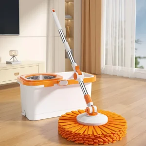 New White Orange Washable Spin Mop and bucket set with Microfiber Cloth Steel Pole Plastic Tray Home Use Floor Cleaning Mop