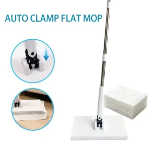 OEM Automatic Clamping Flat Mop With Telescopic Handle Replacement Cloth Cleaning Floor Mop M L Size