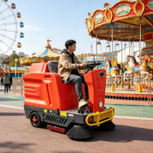 OEM Electric Ride-on Industrial Floor Sweeper Battery Powered Road Cleaning Machine with 65L Dustbin