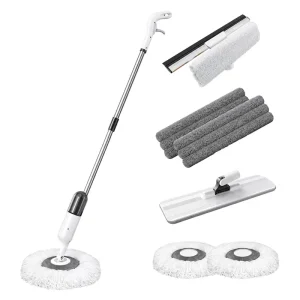 OEM Microfiber Wet Dry Spray Mop with 4 Replaceable Heads Rotating Scrubber Squeegee for Kitchen and Bathroom Cleaning