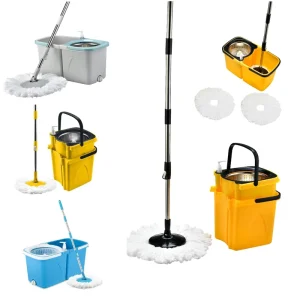 OKKiHOME Premium Spinning Spin Mop with Split Buckets Household Mop Bucket All in One Solution