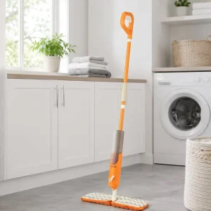 Orange D-Handle Foldable Spray Floor Mop Refillable Reservoir Washable Microfiber Pad 360 Swivel Head Home Office