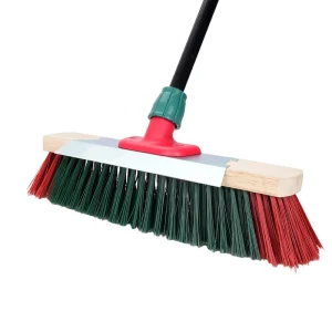 Outdoor Plastic Handle 18-Inch Extendable 2-in-1 Floor Scrub Brush with Stainless Steel Squeegee and Flagged Bristles