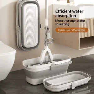 PVA Sponge Mop with Foldable Collapsible Bucket Hands Free Self Wringing Absorbent Mop for Bathroom Water Cleaning
