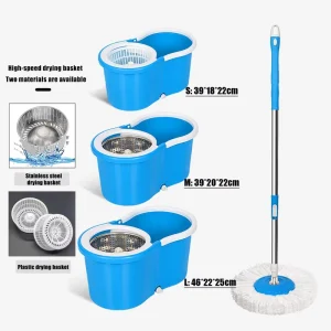 Plastic Basket Mop and Bucket Set with Round Head, Telescopic Steel Pole, and 360-Degree Rotating Microfiber Mop