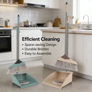 Plastic Broom and Dustpan Set with Long Handle and Soft Bristles
