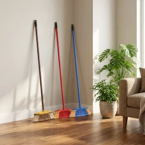 Plastic Soft-Bristle Broom with Long Metal Handle for Floor Cleaning