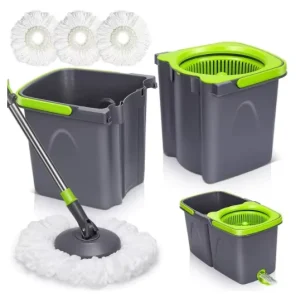 Portable Floor Spin Mop Bucket System with Wringer, Separate Clean and Dirty Water, and 3 Mop Heads