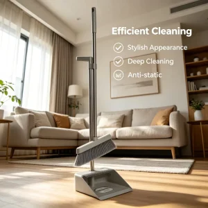 Portable Handheld Broom and Dustpan Set Plastic Bristle Head for Indoor Floor Cleaning