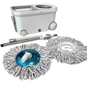 Portable Self-Wringing Mop Bucket with Pulling Handle Individual Basket Stainless Steel Plate 4 Wheels and 2 Mopheads
